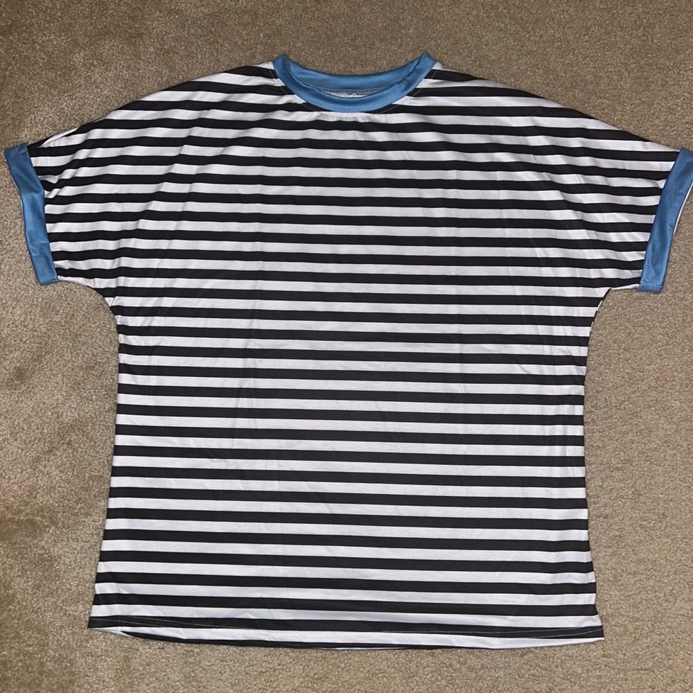 Striped Black and White Shirt with Blue Accents